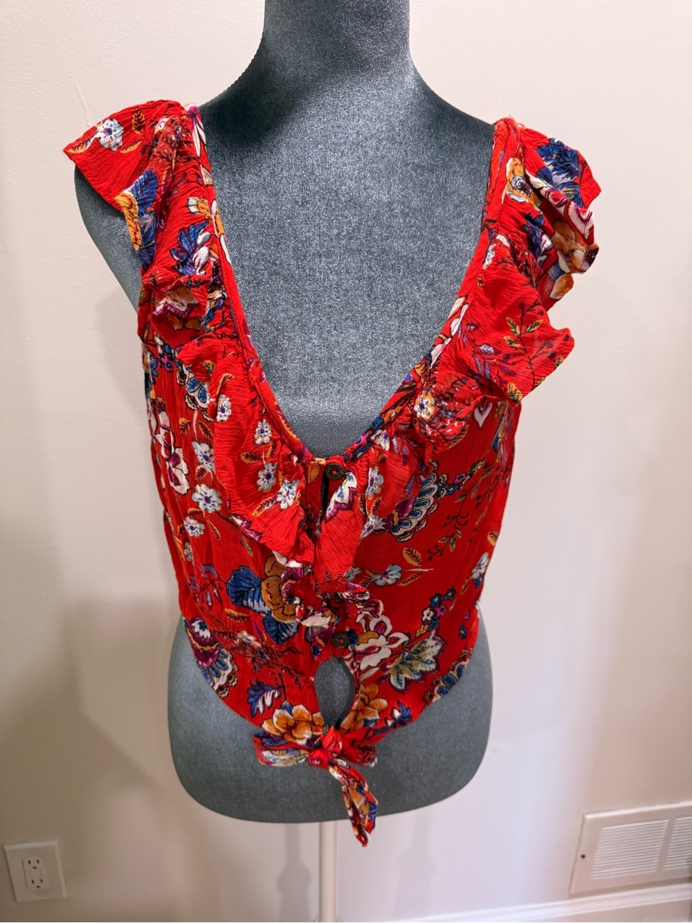 Altar'd State Red Floral Tie-Front Ruffle Camisole